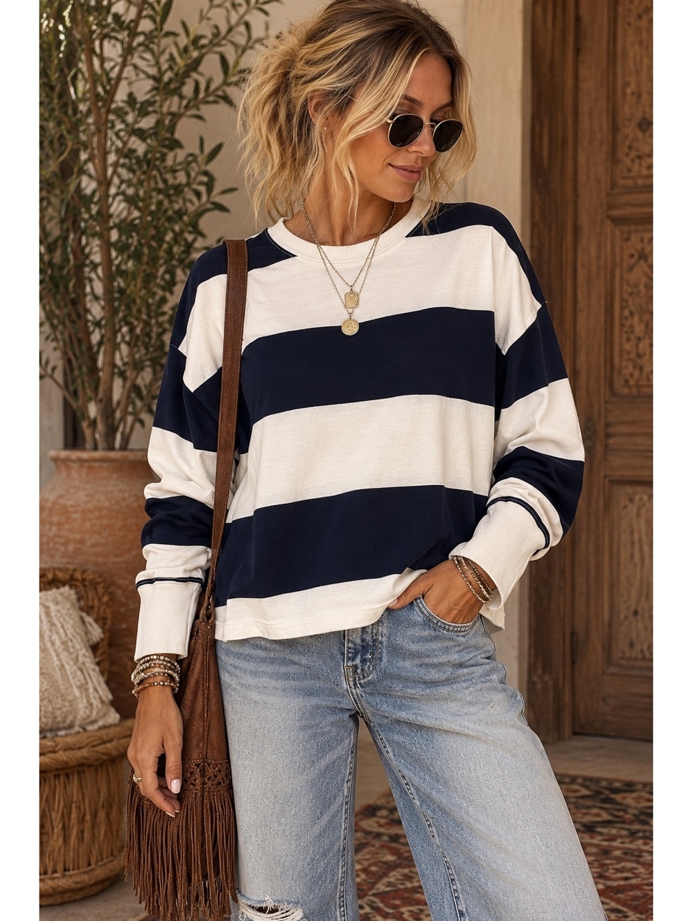 SO Women’s Large Navy White Striped Long Sleeve Boxy Top